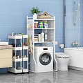 White Bathroom Storage Shelf With Cleaning Supplies And Washing Machine Setup