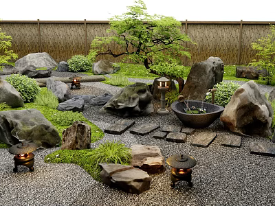 Karesansui Traditional Garden With Stones Green Plants Stone Lanterns And Gravel Path 3d model