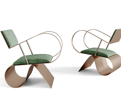 Pair of Modern Leisure Chairs with Green Cushion and Curved Metal Frame Design 3d model