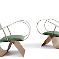 Pair of Modern Leisure Chairs with Green Cushion and Curved Metal Frame Design