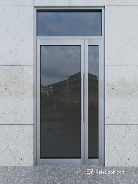 Double Glass Door Entrance With Metal Frame On Marble Wall And Building Reflection 3d model 