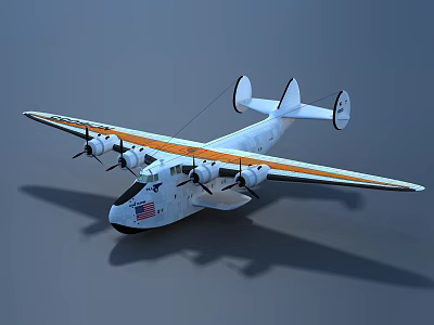 Vintage Seaplane With Four Propellers White And Orange Stripes And American Flag 3d model