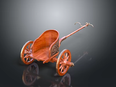 Antique Wooden Wheeled Cart With Two Wheels Curved Compartment Decorative Patterns And Traction Pole 3d model