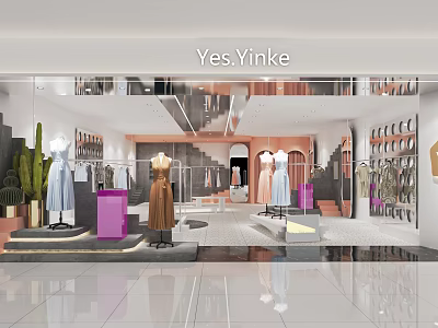 Yes Yinke Clothing Store Window Display With Modern Interior Mannequins And Dresses 3d model