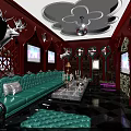 Luxurious KTV Room Interior With Purple Lighting Blue Sofas Multiple Screens And Decorative Deer Heads