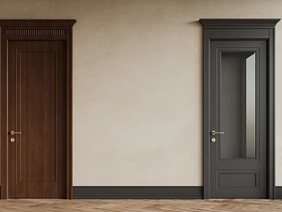 Dark Brown Solid Wood and Dark Grey Glass Hinged Doors in Modern Interior Design 3d model