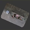 Outdoor Scene With Elderly Man Standing On Bench Trash Can And Brick Paved Ground