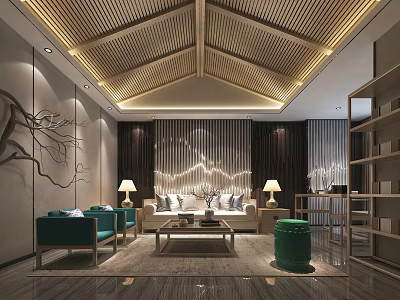 Elegant Chinese Style Reception Room Interior With Wooden Ceiling Sofa Coffee Table And Decorative Lamps 3d model