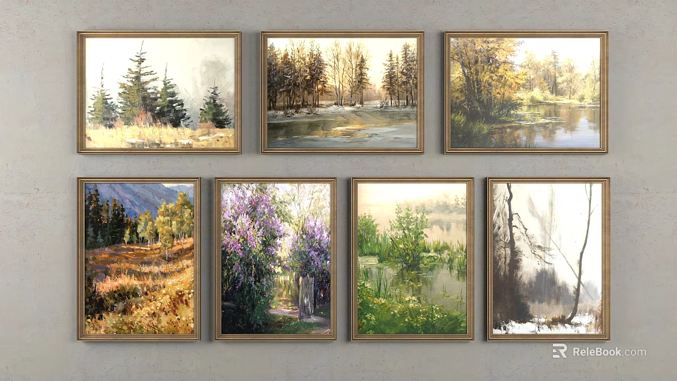 Framed Oil Paintings With Various Natural Scenes Including Landscapes Lakes And Floral Views 3d model