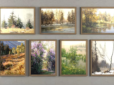 Framed Oil Paintings With Various Natural Scenes Including Landscapes Lakes And Floral Views 3d model