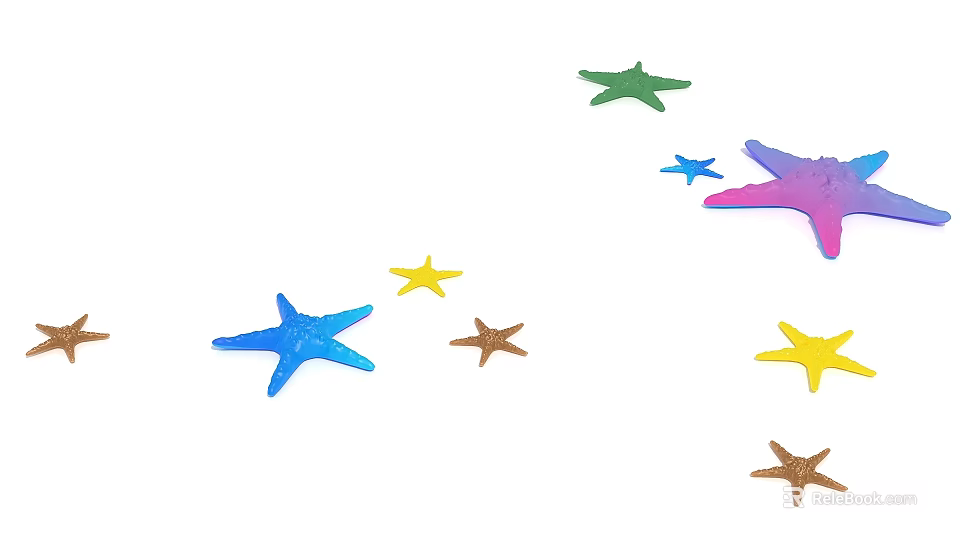 Colorful Starfish In Various Colors On White Background With Different Sizes 3d model 