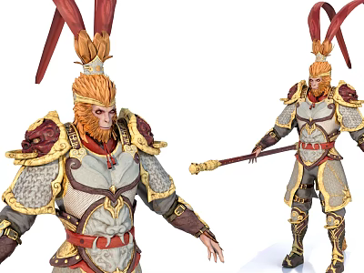 Mythical Warrior Game Movie Character With Golden Fur Red Headdress Armor And Golden Cudgel In Hand 3d model