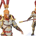 Mythical Warrior Game Movie Character With Golden Fur Red Headdress Armor And Golden Cudgel In Hand