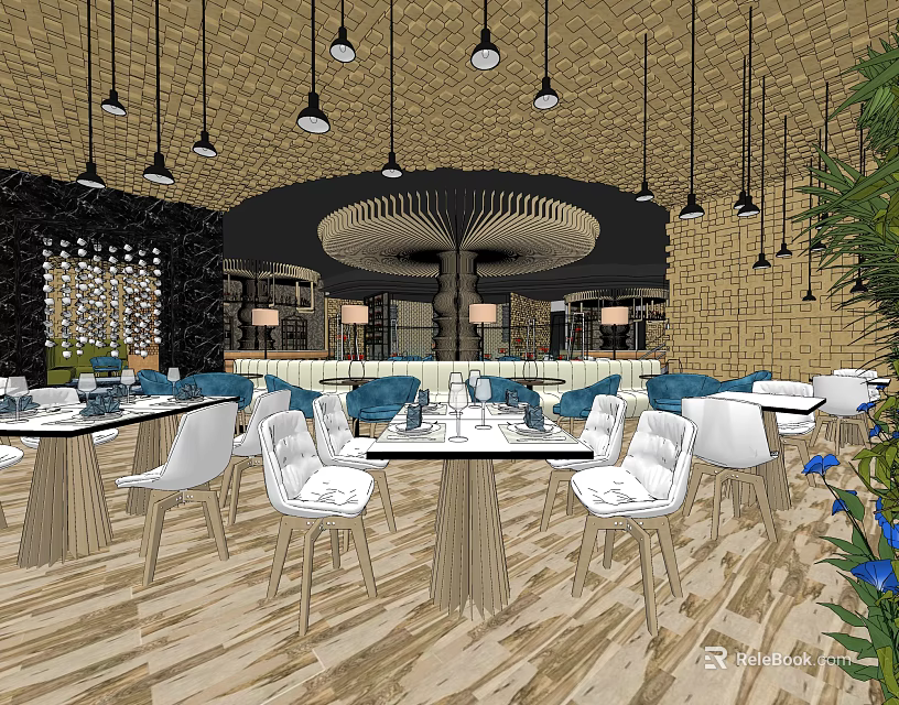 Modern Restaurant Interior With Hanging Lights White Chairs Blue Cushions And Wooden Tables 3d model 