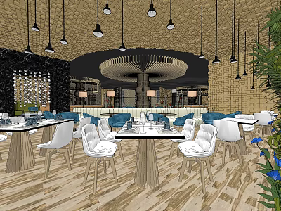 Modern Restaurant Interior With Hanging Lights White Chairs Blue Cushions And Wooden Tables 3d model