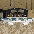 Modern Restaurant Interior With Hanging Lights White Chairs Blue Cushions And Wooden Tables