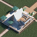 Modern Pavilion Triangular Roof White Exterior Green Grass Field Balcony Terrace Green Umbrellas Small Trees