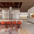 Modern Restaurant Interior With Orange Chairs Wooden Tables Wooden Ceiling And Large Windows