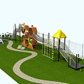 Outdoor Playground Equipment With Climbing Structure Slide Yellow Canopy And Soccer Balls On Green Lawn