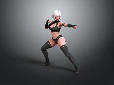 Woman with white short hair wearing black tight fitting sportswear in fighting stance 3d model