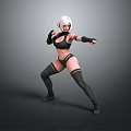 Woman with white short hair wearing black tight fitting sportswear in fighting stance