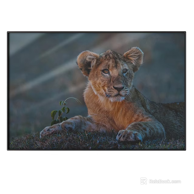 Lion Cub Animal Painting With Orange Fur Resting And Green Plant In Grass 3d model 