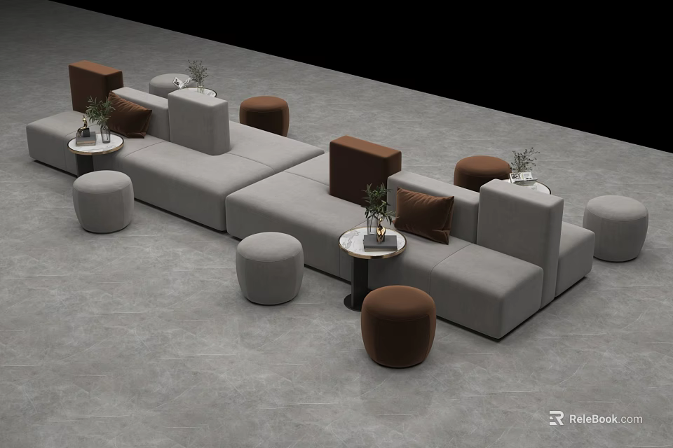 Modern Sofa and Coffee Table Set With Gray Upholstery Brown Cushions Round Stools and Plants 3d model 