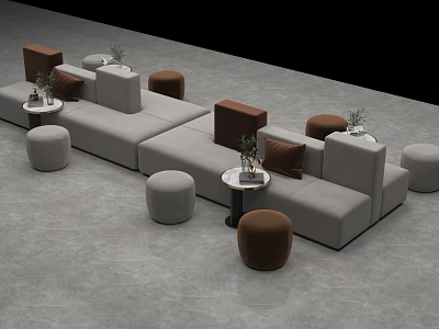 Modern Sofa and Coffee Table Set With Gray Upholstery Brown Cushions Round Stools and Plants 3d model