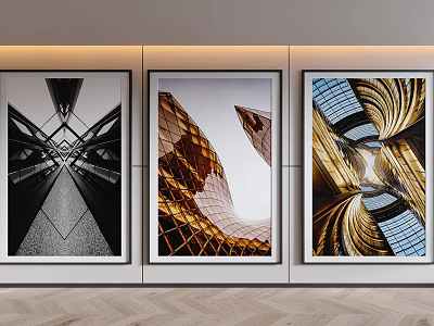 Modern Wall Art Decor with Black White Geometric and Golden Spiral Architecture Paintings 3d model