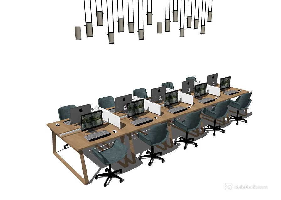 Modern Office Workspace With Long Work Desk Computers Chairs And Hanging Lights 3d model