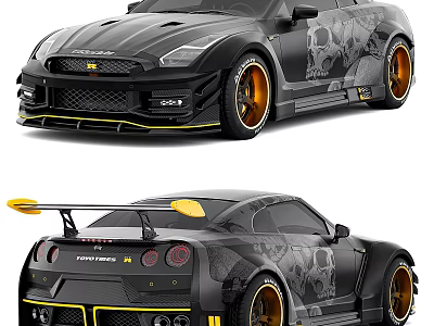 Black Modified Sports Car With Yellow Accents And Body Graphics 3d model