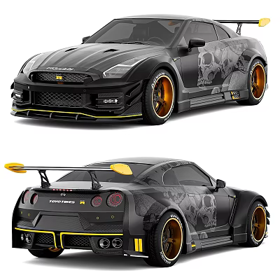 Black Modified Sports Car With Yellow Accents And Body Graphics 3d model