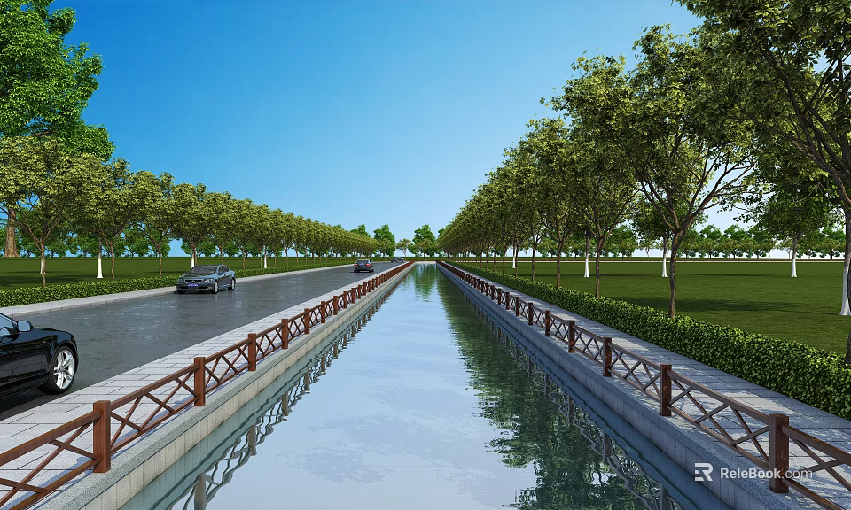 Scenic Road With Central Canal Lined By Trees And Green Grass Under Blue Sky 3d model 