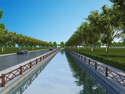 Scenic Road With Central Canal Lined By Trees And Green Grass Under Blue Sky 3d model