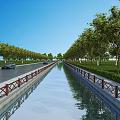 Scenic Road With Central Canal Lined By Trees And Green Grass Under Blue Sky