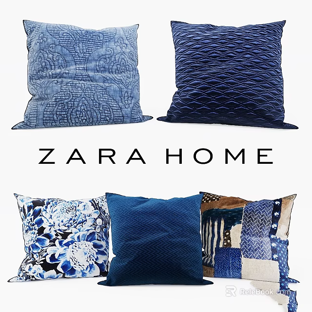 ZARA HOME Blue Decorative Pillows With Floral Textured And Patchwork Patterns 3d model 