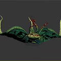 Mystical Fantasy Plant Creature With Spotted Green Leaves Curved Yellow Tentacles And Red Gold Center