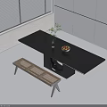 Modern Black Dining Table Set Interior with Rattan Bench White Wall and Window