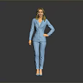 Confident Business Woman in Blue Suit Standing on Reflective Floor with Gray Background