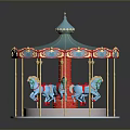 Colorful Vintage Carousel With Blue Canopy Red Trim Blue Horses And Transparent Base