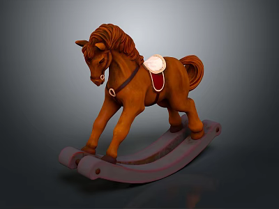 Childrens Brown Rocking Horse Toy With Red Saddle And White Cushion 3d model