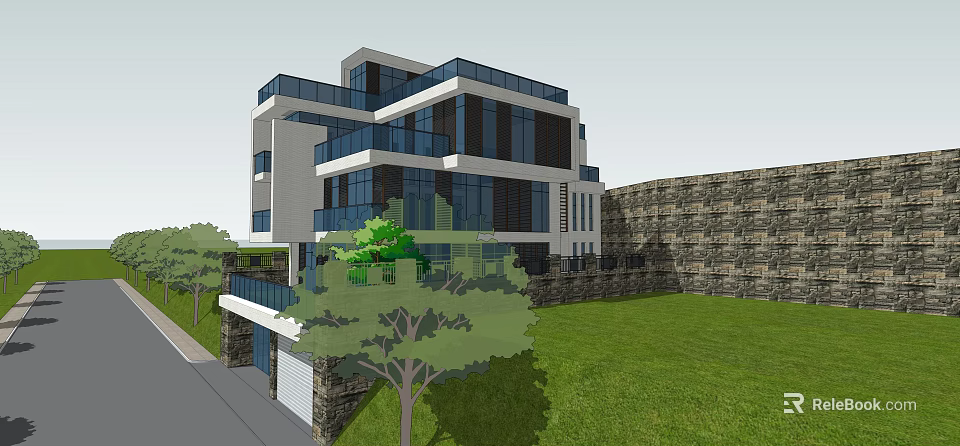 Modern Detached Villa With Glass Curtain Walls Lush Green Lawn And Stone Wall 3d model 