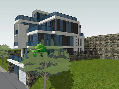 Modern Detached Villa With Glass Curtain Walls Lush Green Lawn And Stone Wall 3d model