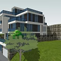 Modern Detached Villa With Glass Curtain Walls Lush Green Lawn And Stone Wall