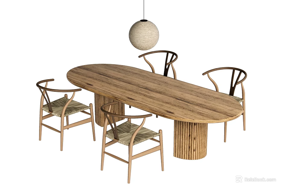 Oval Wooden Dining Table Set With Four Chairs And Round Pendant Light 3d model 