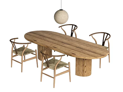 Oval Wooden Dining Table Set With Four Chairs And Round Pendant Light 3d model
