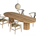 Oval Wooden Dining Table Set With Four Chairs And Round Pendant Light