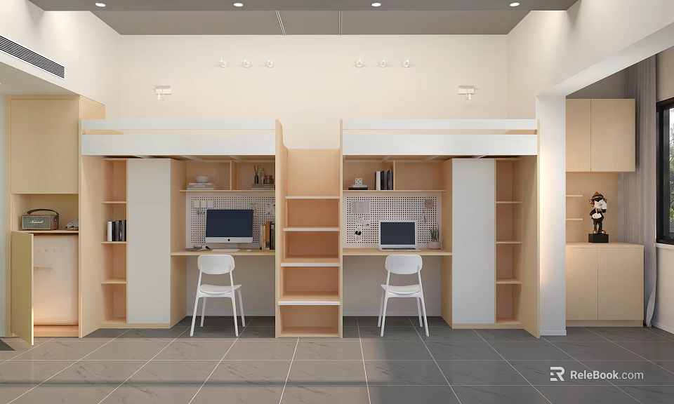 Modern Bunk Bed Interior Design With Study Desks Chairs And Storage Shelves 3d model