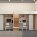 Modern Bunk Bed Interior Design With Study Desks Chairs And Storage Shelves 3d model