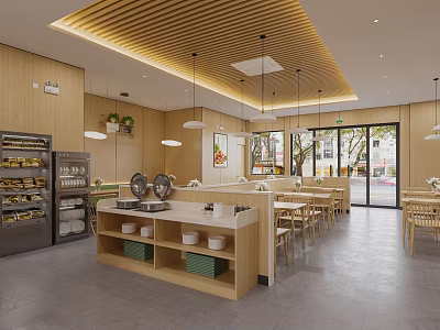 Restaurant With Wooden Interior Open Layout Counter Baked Goods Display Tables Pendant Lights Natural Light 3d model